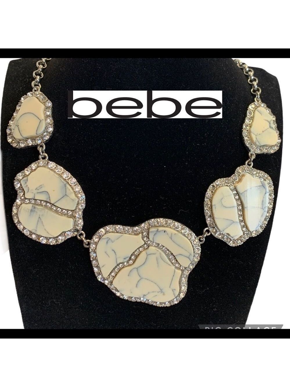 Bebe Cream gray marbled crackled Crystal Rhinestone trimmed chunky necklace